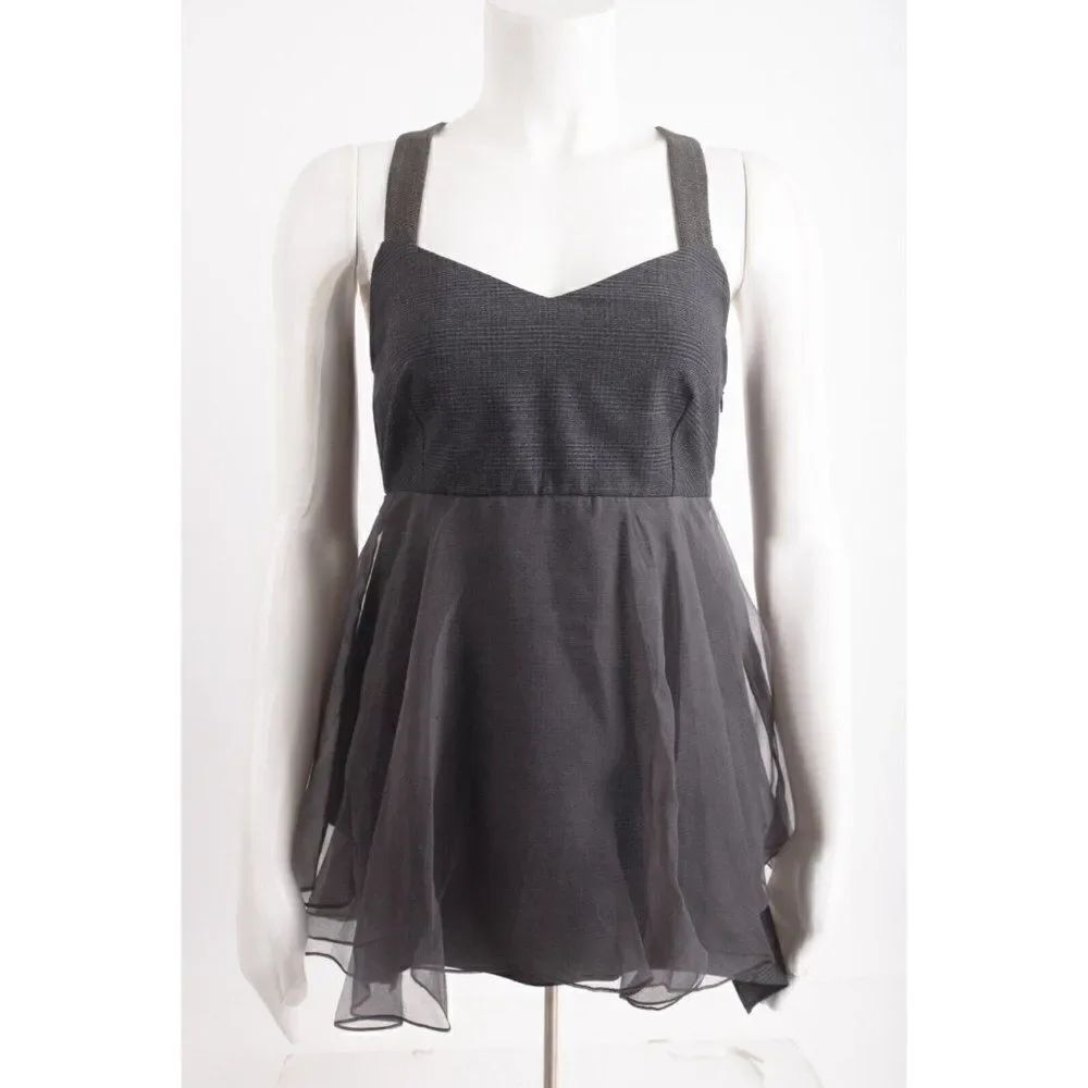 Brunello Cucinelli Womens Gray Shirt Top Wool Plaid Ruffle Jewel Straps M NWT